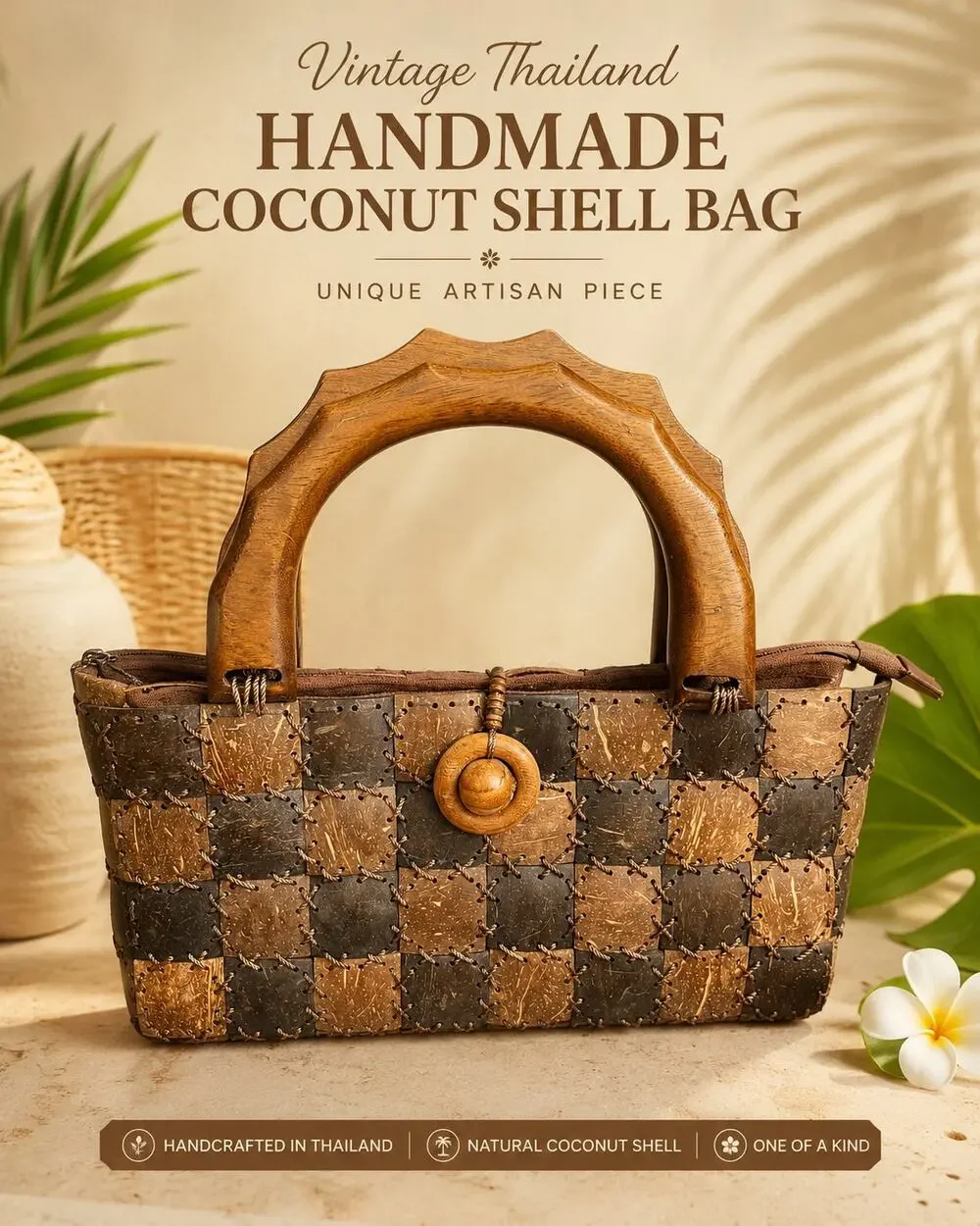 Vintage Thailand Coconut Shell Wood Handle Handbag Boho Patchwork Purse